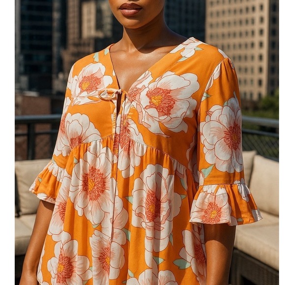 C&C California Women Floral Print Blouse Tunic Small Orange Boho Tropical Ruffle - Picture 5 of 5